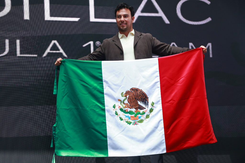 Press Conference with Sergio 'Checo' Perez as a driver of Cadillac Formula 1 Team in 2026 holding a Mexican flag
