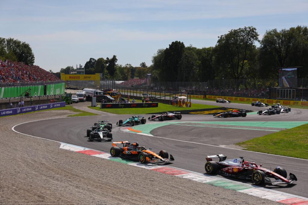 Drivers going around the first chicane at the 2025 F1 Italian Grand Prix