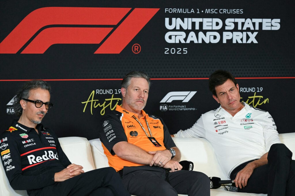 Laurent Mekies, Zak Brown and Toto Wolff in a press conference at the 2025 Formula 1 United States Grand Prix