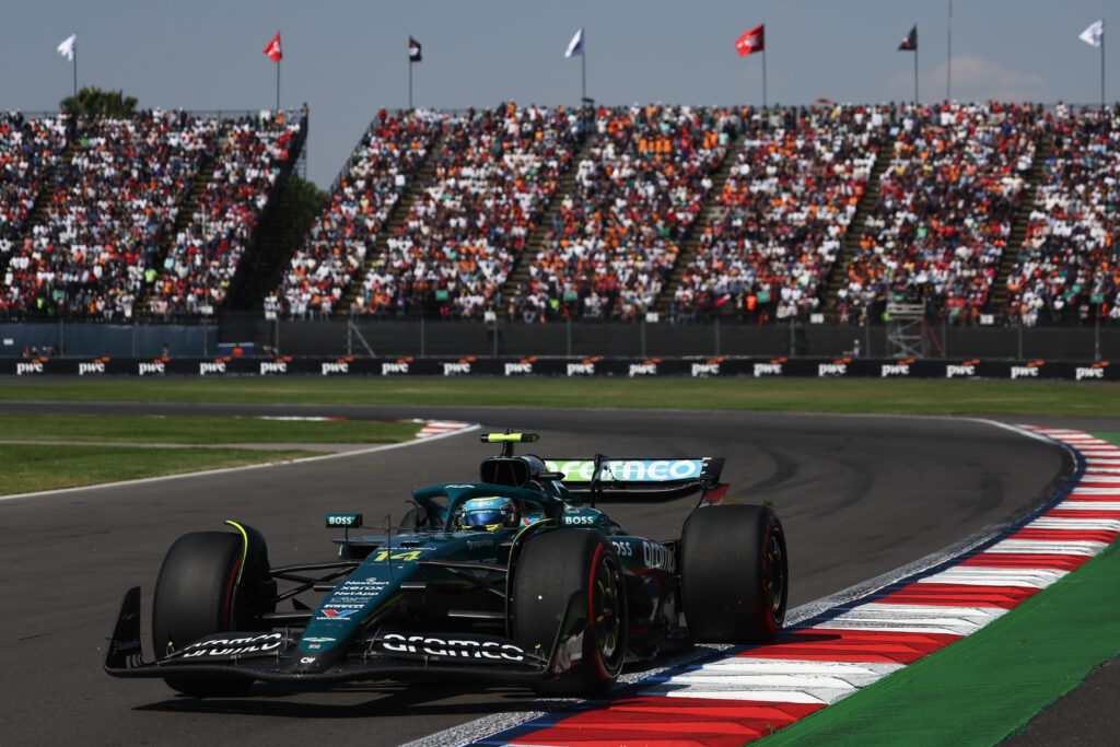 Aston Martin driver Fernando Alonso racing at the 2025 Formula 1 Mexico City Grand Prix