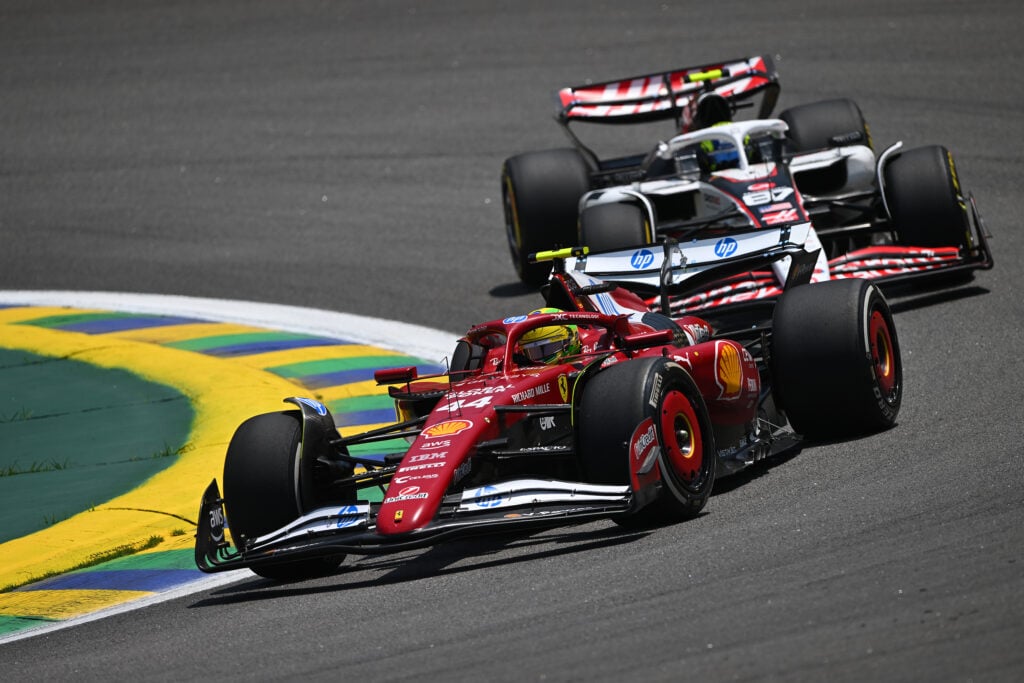 Lewis Hamilton being followed by Oliver Bearman at the Brazilian Grand Prix