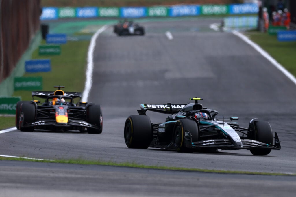 Mercedes driver Andrea Kimi Antonelli leads Red Bull racer Max Verstappen on track during the 2025 F1 Sao Paulo Grand Prix