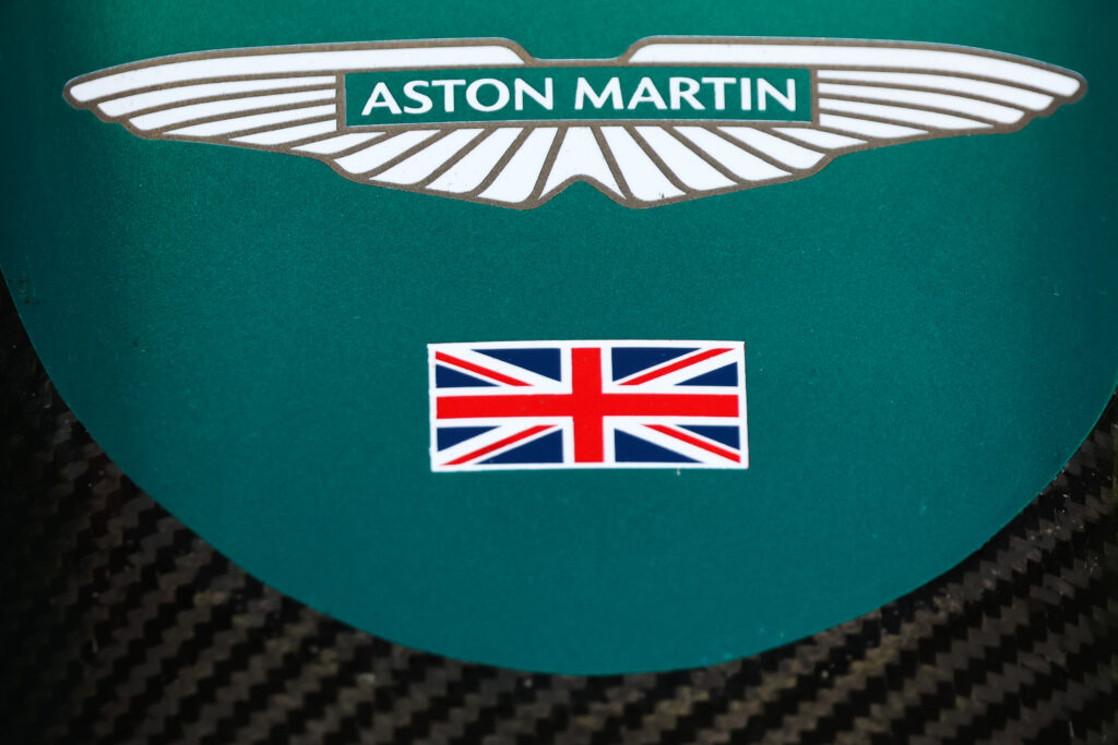 The Aston Martin F1 team logo pictured during the 2025 post-season test in Abu Dhabi