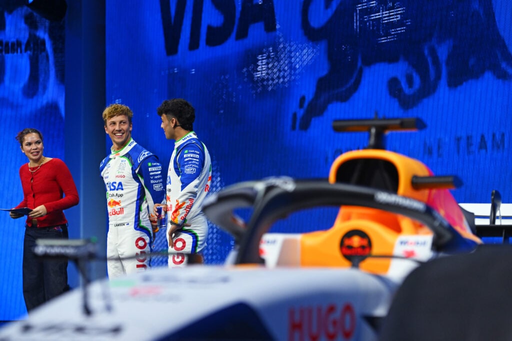 Liam Lawson and Arvid Lindblad at the launch of the 2026 Racing Bulls F1 car