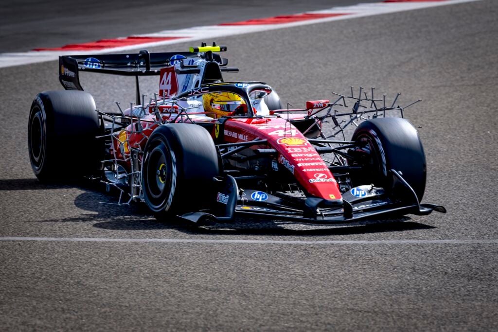 Ferrari driver Lewis Hamilton taking part in pre-season testing in Bahrain with aero rakes on his car