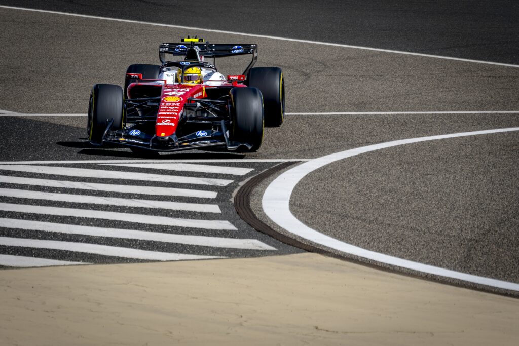 Ferrari driver Lewis Hamilton running wide during day 1 of 2026 Bahrain pre-season testing