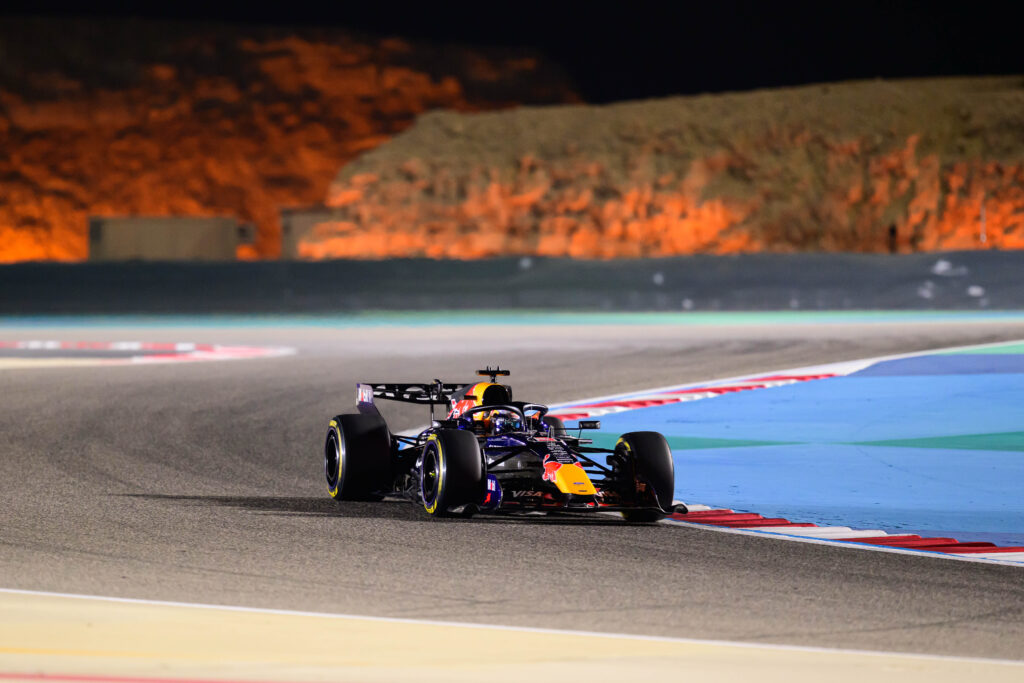 Red Bull driver Max Verstappen racing on track at the 2026 Bahrain pre-season testing event