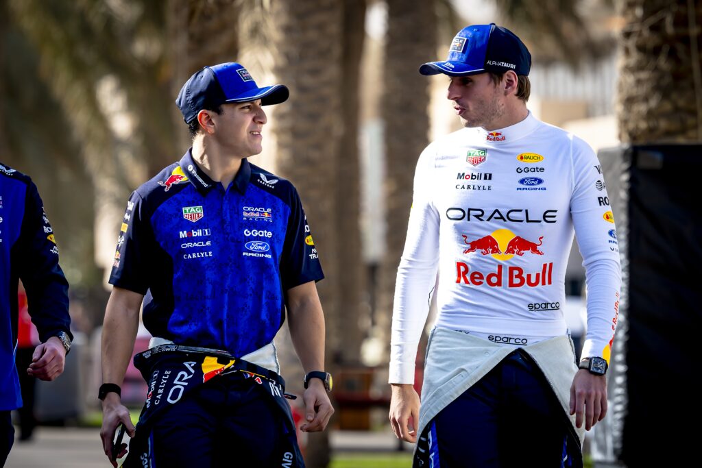 Isack Hadjar and Max Verstappen chatting ahead of testing in Bahrain.