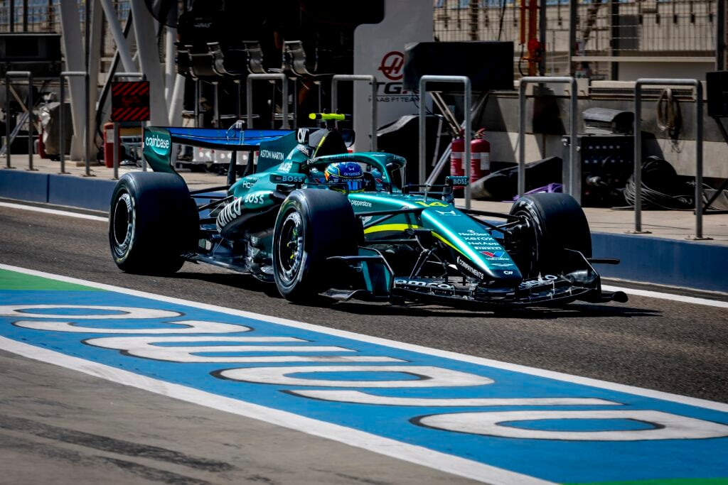 Aston Martin driver Fernando Alonso leaving the pit lane at 2026 Bahrain pre-season testing