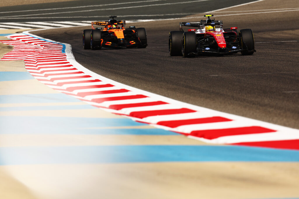 Lewis Hamilton and Oscar Piastri driving during 2026 pre-season testing in Bahrain