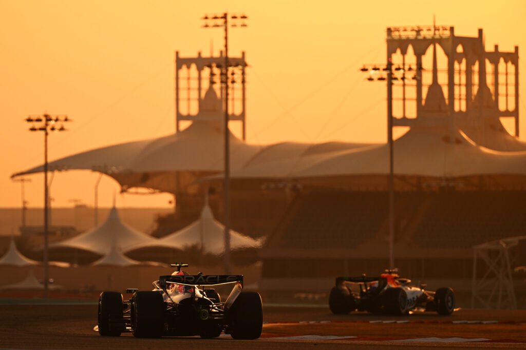 Alpine driver Pierre Gasly leads Red Bull's Isack Hadjar on track during the 2026 F1 Bahrain pre-season test