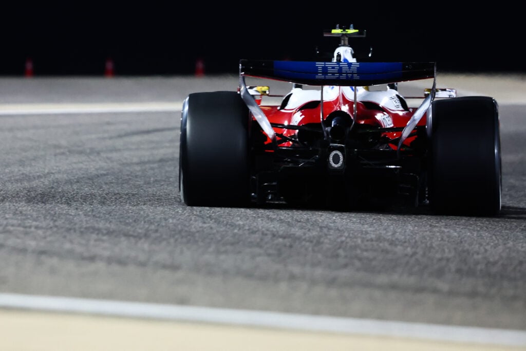 The back of Lewis Hamilton's Ferrari at F1 Bahrain Testing 2026
