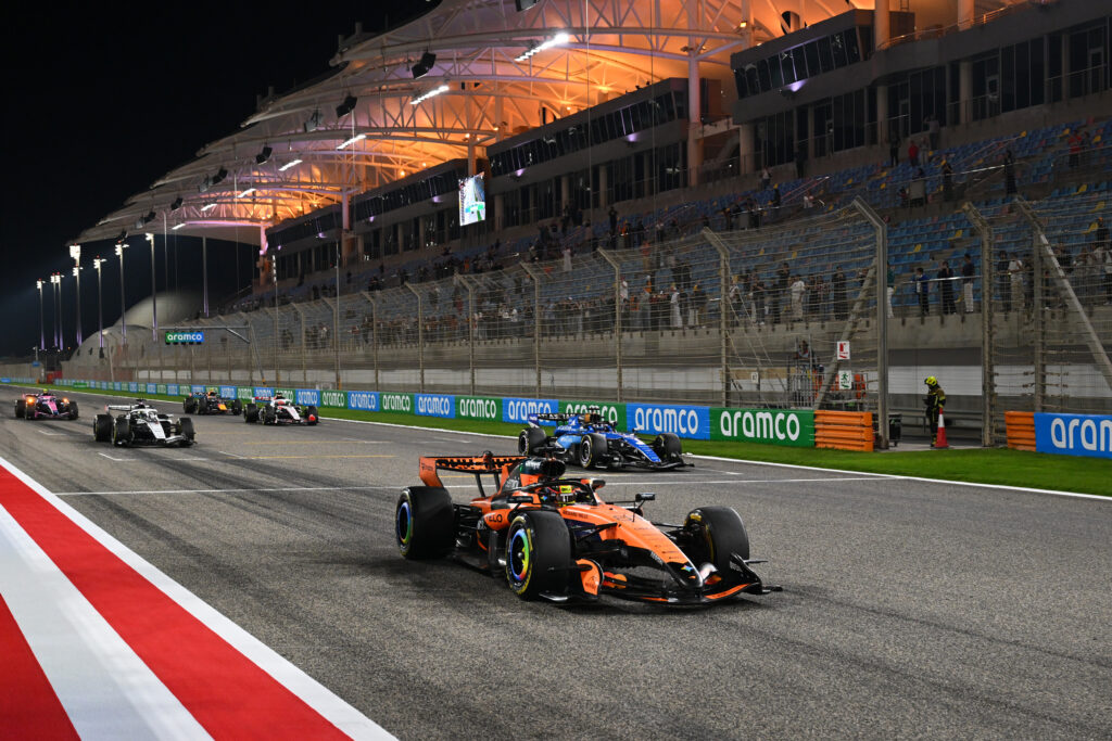 F1 drivers take part in a practice start during Bahrain testing.
