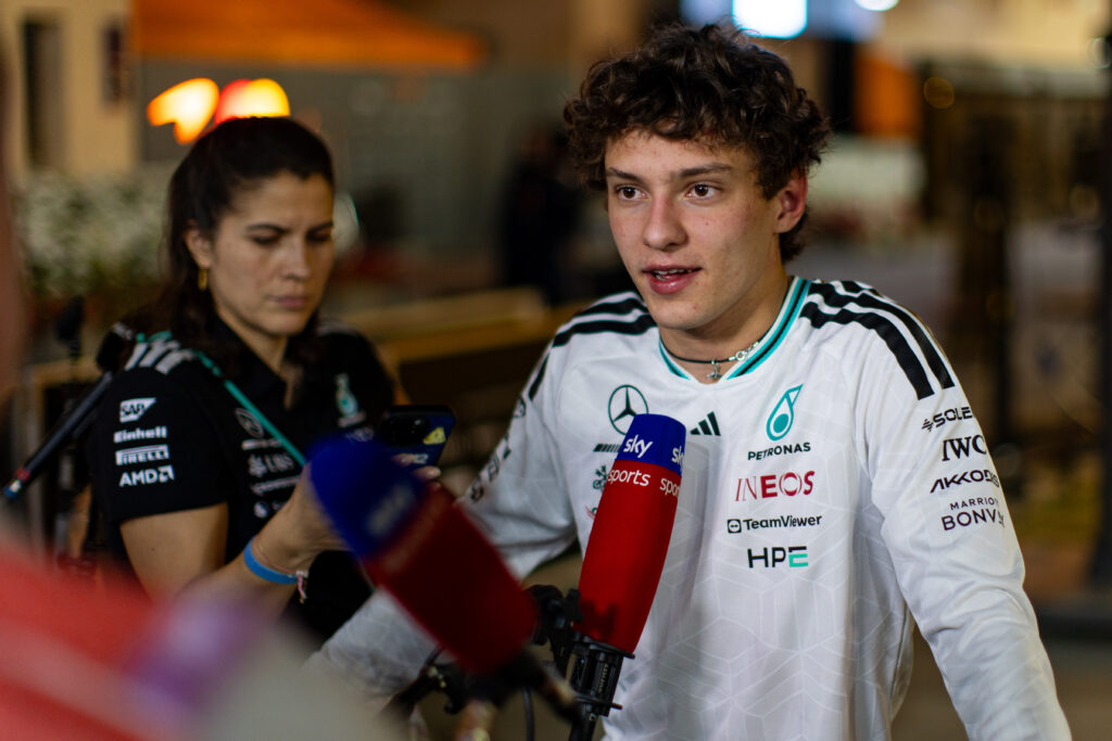 Kimi Antonelli talking to the media following the conclusion of day three of F1's 2026 Bahrain test.