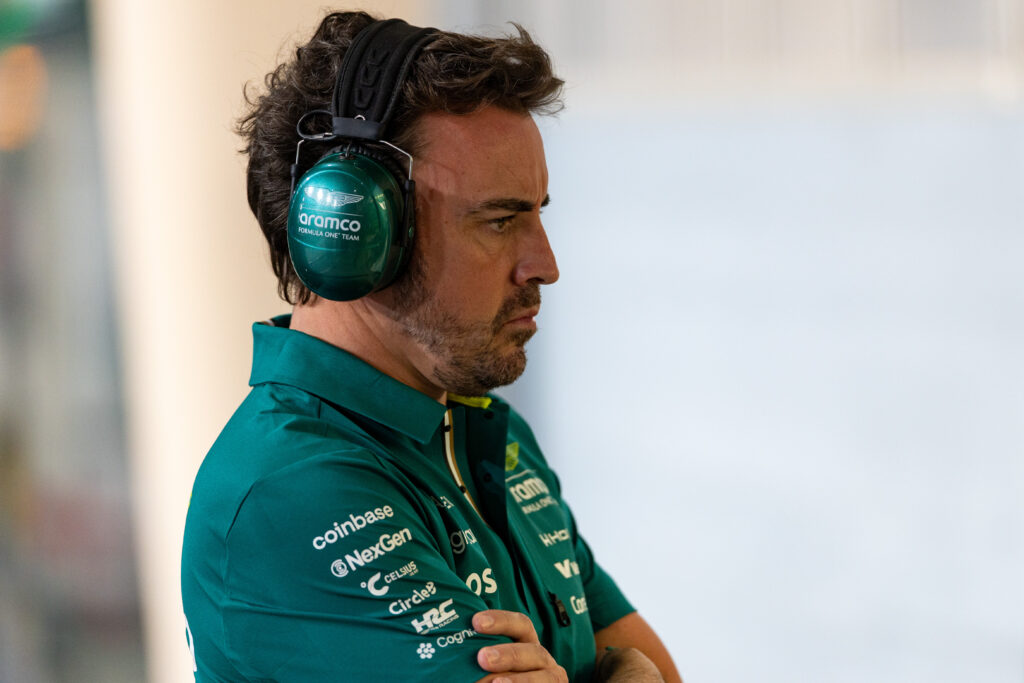 Aston Martin driver Fernando Alonso looks on from the pit lane during the first 2026 F1 Bahrain pre-season test