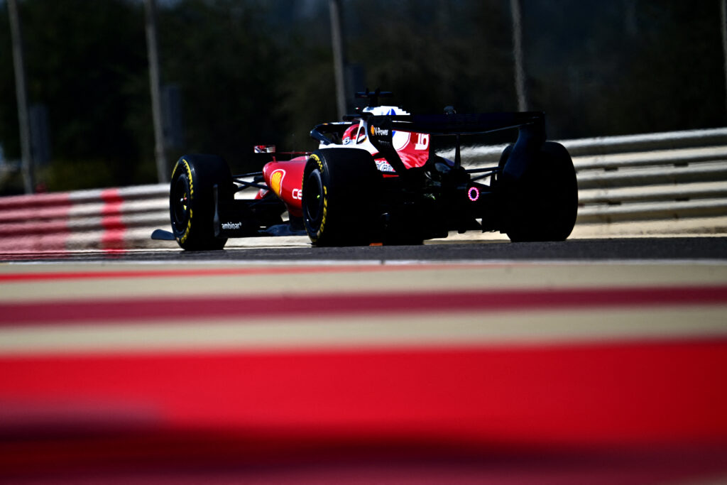 A look at the exhaust and rear diffuser on the Ferrari SF-26 with driver Charles Leclerc on track at the 2026 F1 Bahrain pre-season test
