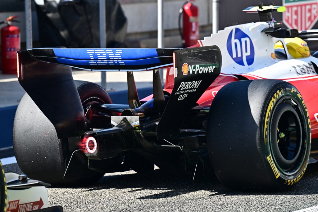 A look at the exhaust flap on the rear of the Ferrari SF-26 on Lewis Hamilton's car during the 2026 F1 Bahrain pre-season test