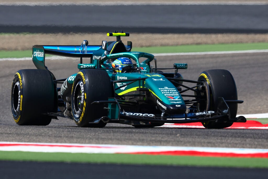 Fernando Alonso drives the Aston Martin AMR26 during the 2026 F1 Bahrain test