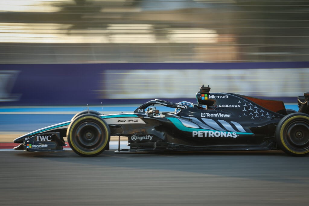 George Russell of Mercedes drives on the third day of the Formula 1 pre-season testing event at the Bahrain International Circuit in Sakhir, Bahrain on February 20, 2026.