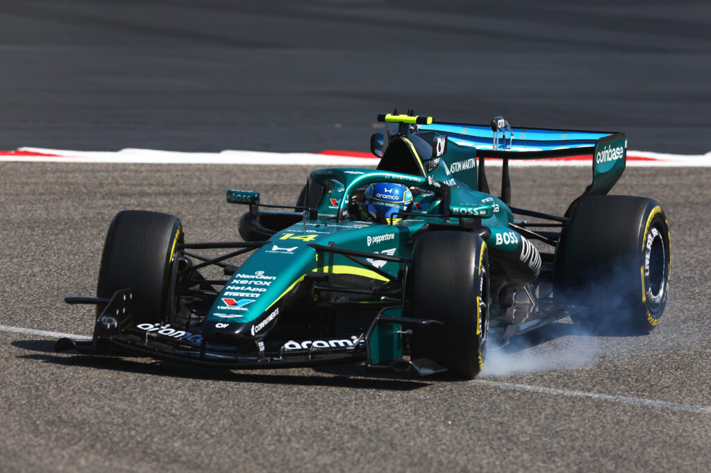 Aston Martin driver Fernando Alonso locks up on track during the second 2026 F1 Bahrain pr-season test