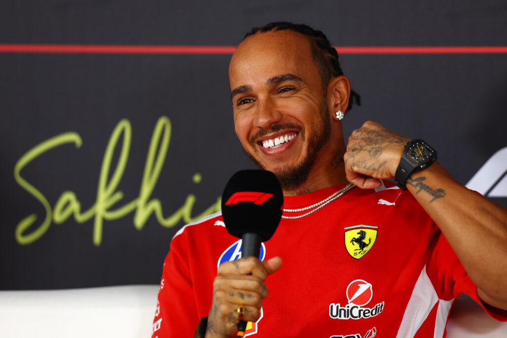 Ferrari driver Lewis Hamilton speaks to the media at the 2026 F1 Bahrain test