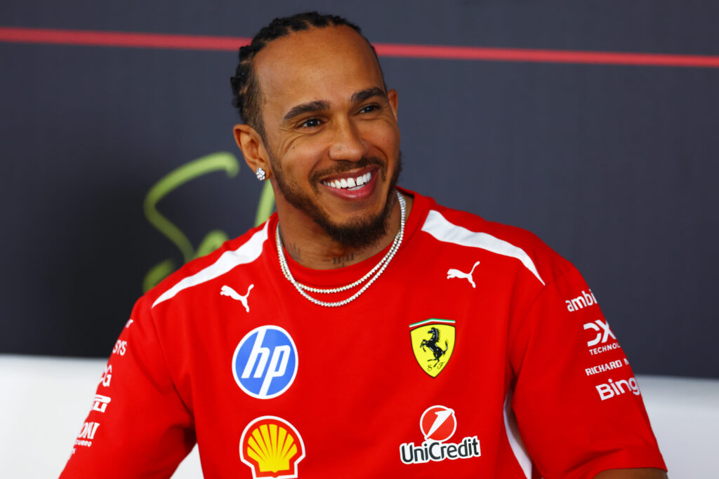 Lewis Hamilton of Great Britain and Scuderia Ferrari in the Drivers Press Conference during day one of F1 Testing at Bahrain International Circuit on February 18, 2026 in Bahrain, Bahrain.