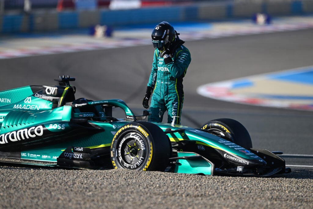 Lance Stroll's beached Aston Martin during Formula 1 Testing in Bahrain - Day 1