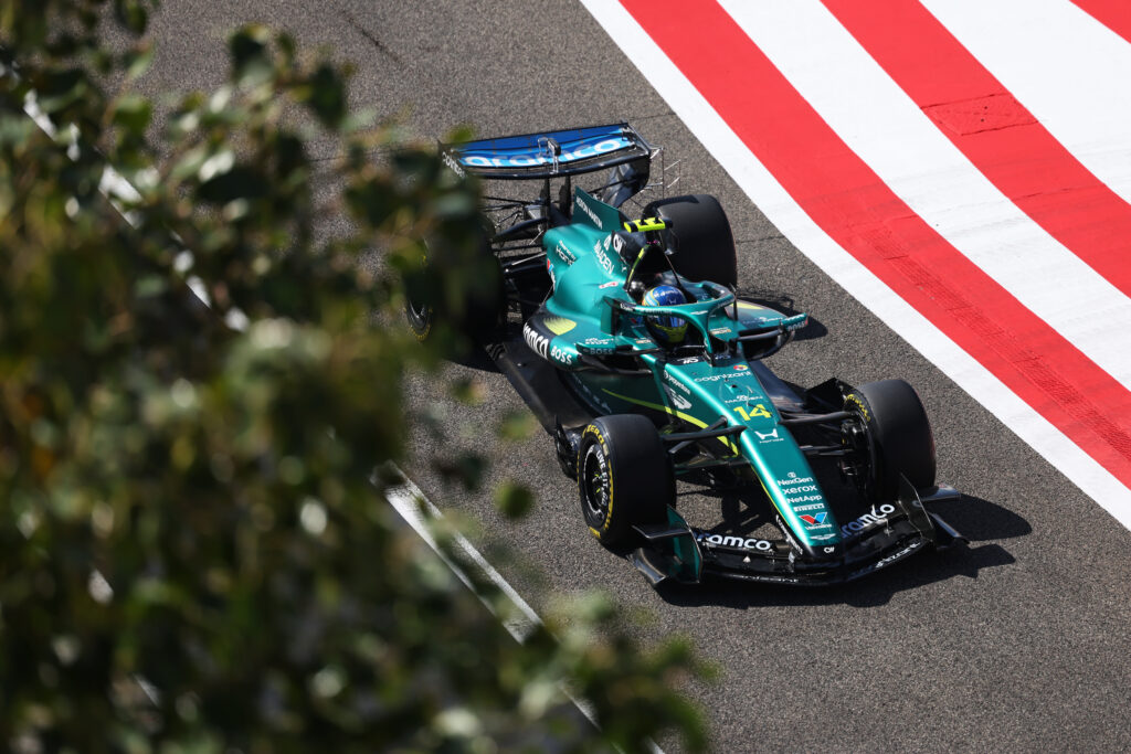 Fernando Alonso drives the Aston Martin AMR2 during the 2026 F1 test in Bahrain