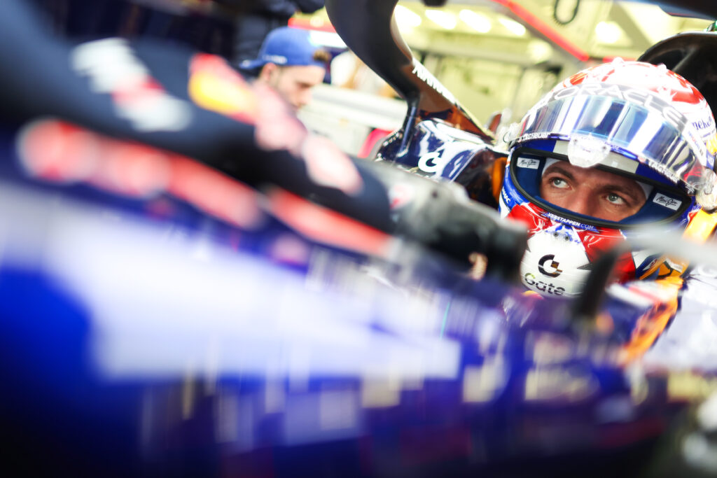 Red Bull driver Max Verstappen looks on from his cockpit in the garage during the 2026 F1 Bahrain pre-season test