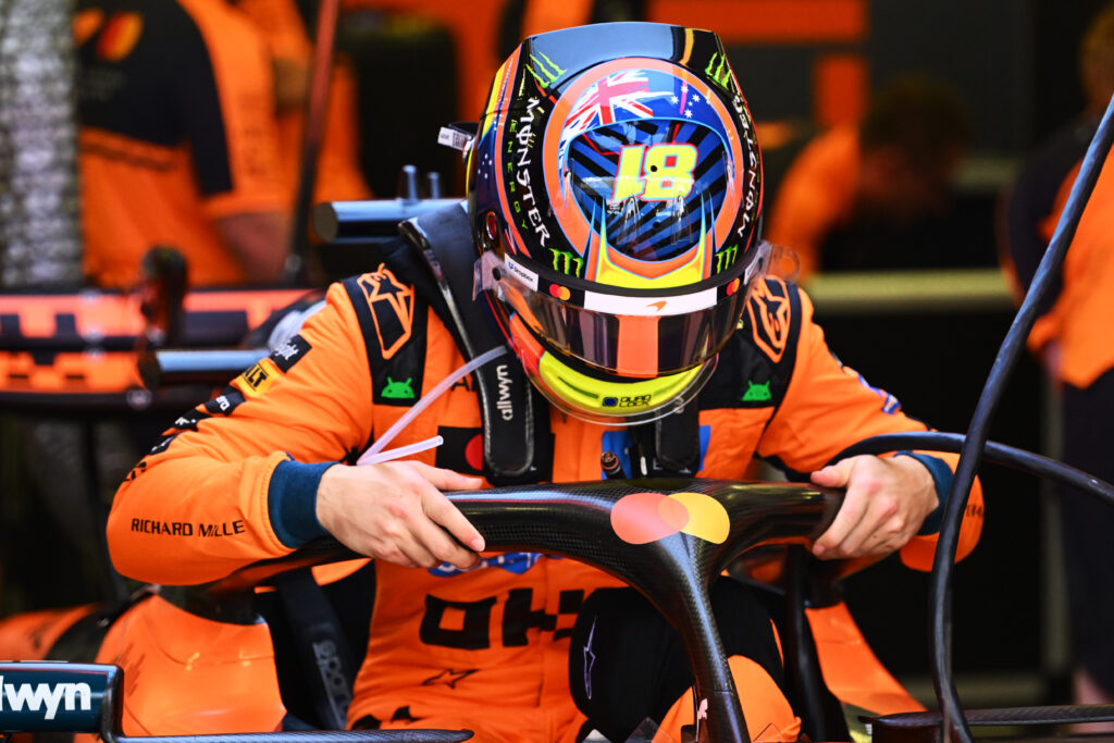 Oscar Piastri of Australia and McLaren prepares to drive in the garage during day three of F1 Testing at Bahrain International Circuit on February 20, 2026 in Bahrain, Bahrain.