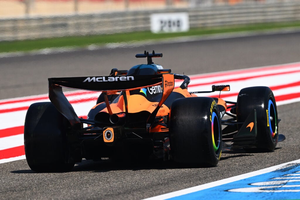 McLaren driver Oscar Piastri leaves the pit lane during day three at the second 2026 F1 Bahrain pre-season test