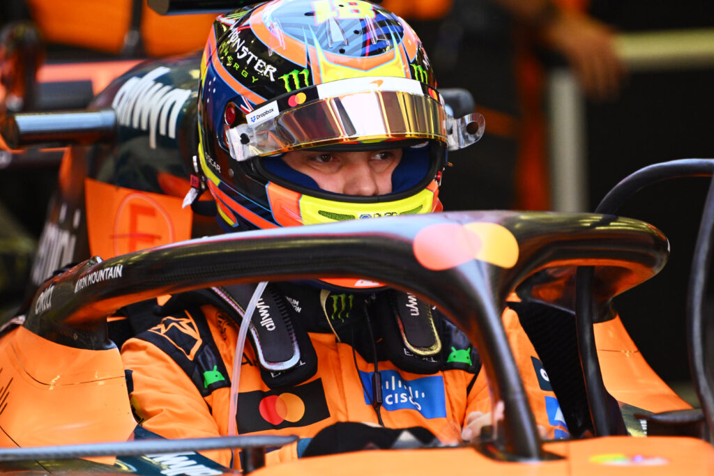 Oscar Piastri of Australia and McLaren prepares to drive in the garage during day three of F1 Testing at Bahrain International Circuit on February 20, 2026 in Bahrain, Bahrain.
