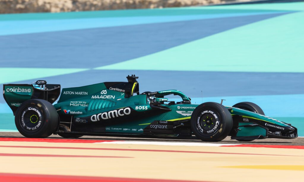Aston Martin driver Lance Stroll driving in Formula 1 Testing in Bahrain - Day 3