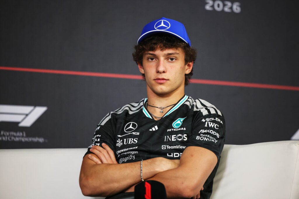 Mercedes driver Kimi Antonelli in a press conference during the 2026 F1 Bahrain test