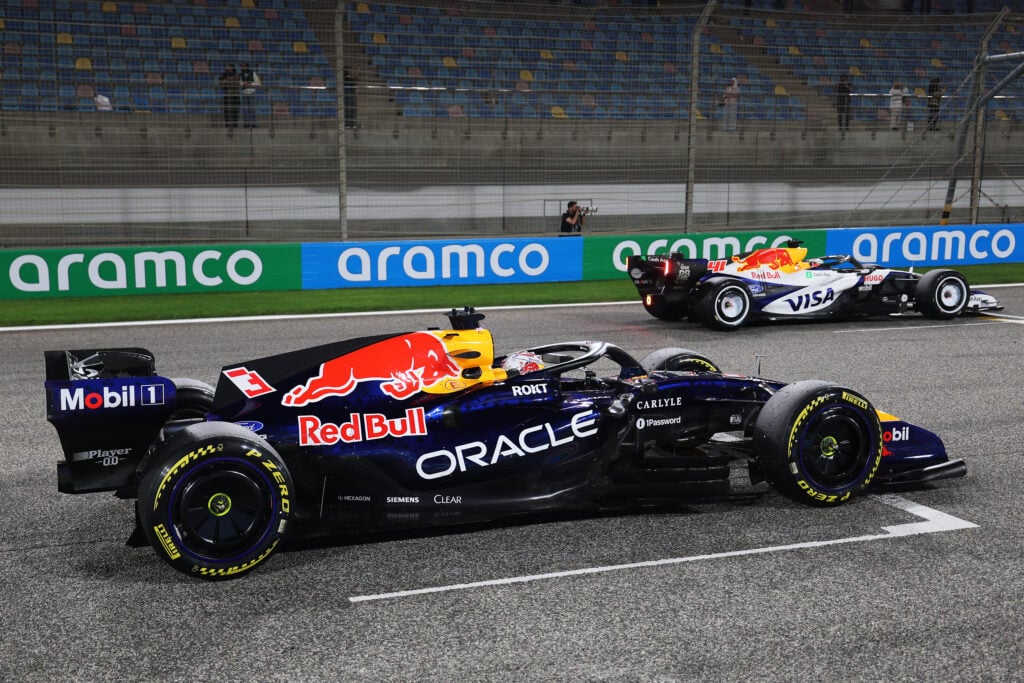 Red Bull driver Max Verstappen and Racing Bulls rookie Arvid Lindblad do practice starts during the 2026 F1 Bahrain pre-season test