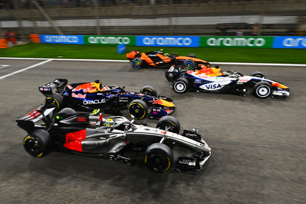Gabriel Bortoleto, Max Verstappen, Arvid Lindblad and Lando Norris practice race starts during the 2026 F1 Bahrain test