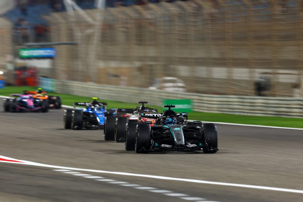 Mercedes driver George Russell leading Charles Leclerc during Bahrain pre-season testing
