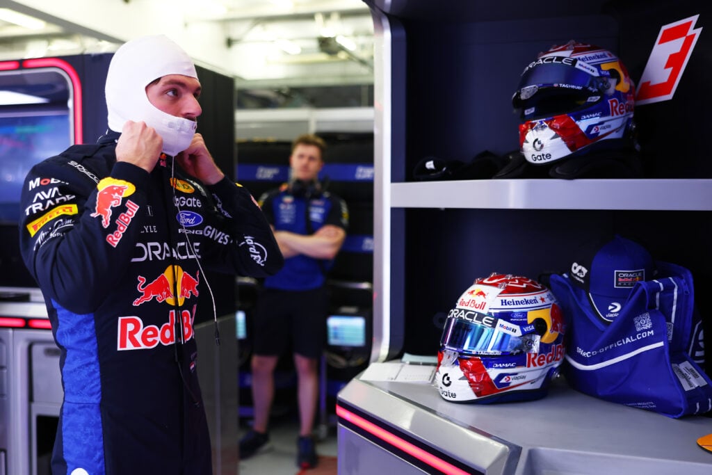 Red Bull driver Max Verstappen gets ready in the garage during the 2026 F1 Bahrain pre-season test