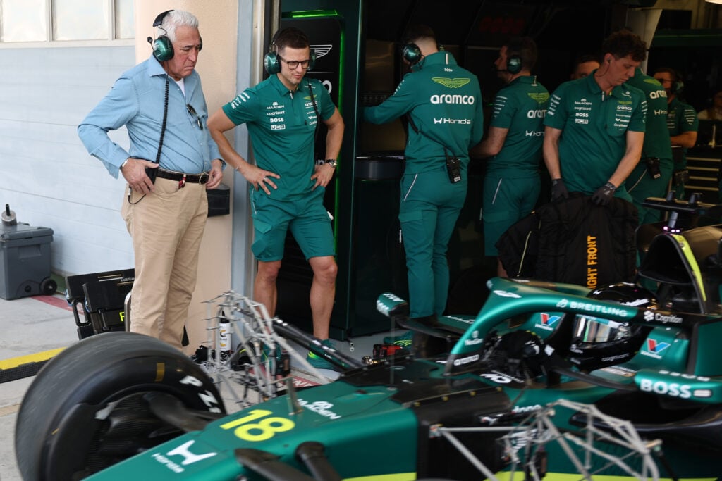 Aston Martin F1 team owner Lawrence Stroll looks into the garage from the pit lane during the 2026 Bahrain pre-season test
