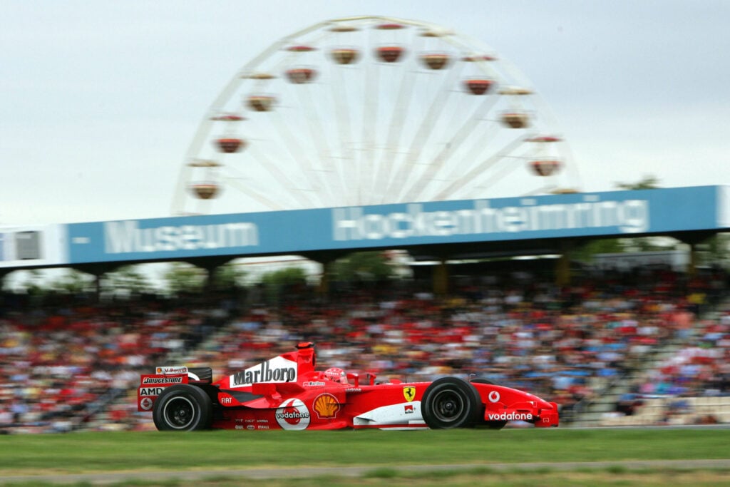 Michael Schumacher racing for Ferrari at the 2005 German F1 Grand Prix