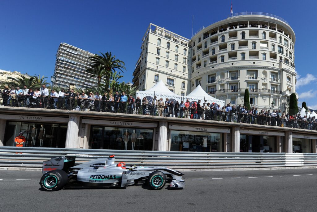 Mercedes driver Michael Schumacher racing at the 2010 Formula 1 Monaco Grand Prix