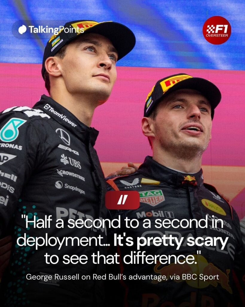 Mercedes' George Russell on the 2025 F1 Azerbaijan Grand Prix podium with Red Bull's Max Verstappen