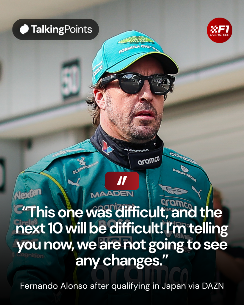Aston Martin driver Fernando Alonso walks through the Suzuka paddock after qualifying for the 2026 F1 Japanese Grand Prix