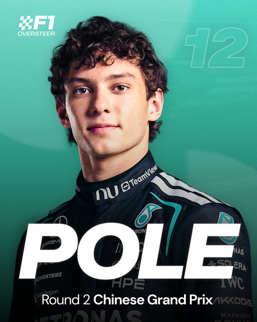 A graphic showing Mercedes' Kimi Antonelli after scoring pole position for the 2026 F1 Chinese Grand Prix