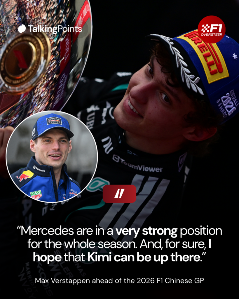 Mercedes driver Andrea Kimi Antonelli celebrates with his P2 trophy after the 2026 F1 Australian Grand Prix, with an inset of Red Bull's Max Verstappen arriving in the Chinese GP paddock