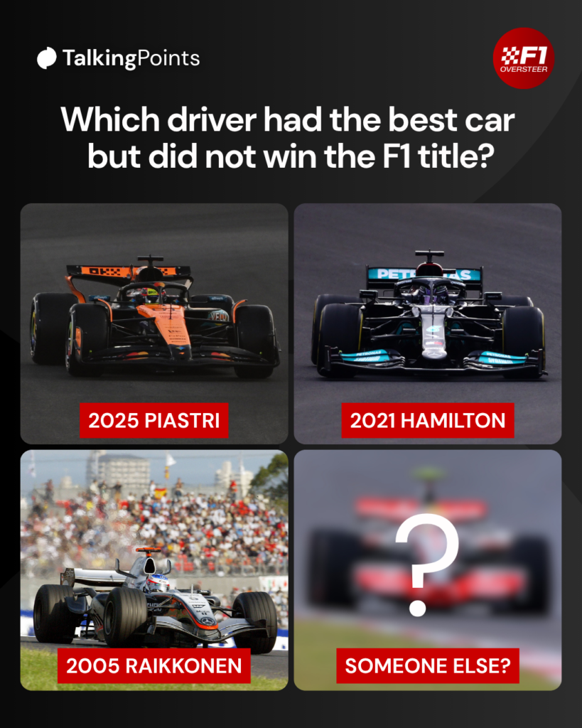 A compilation of images of Oscar Piastri in 2005, Lewis Hamilton in 2021 and 2007 and Kimi Raikkonen in 2005