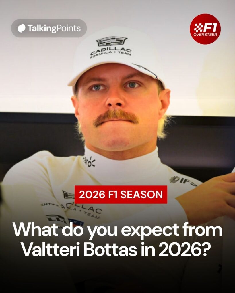 Valtteri Bottas sitting inside the Cadillac garages during F1's pre-season test in Bahrain.