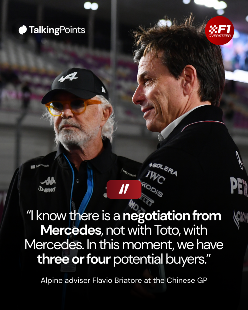 Alpine executive adviser Flavio Briatore talks with Susie Wolff and Mercedes team principal Toto Wolff on the grid before an F1 Academy round in Qatar
