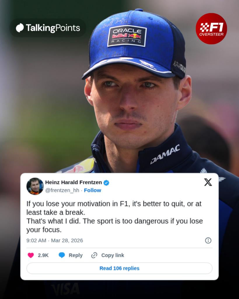 Max Verstappen of Red Bull walks through the paddock at the 2026 Chinese Grand Prix with a tweet from Heinz-Harald Frentzen