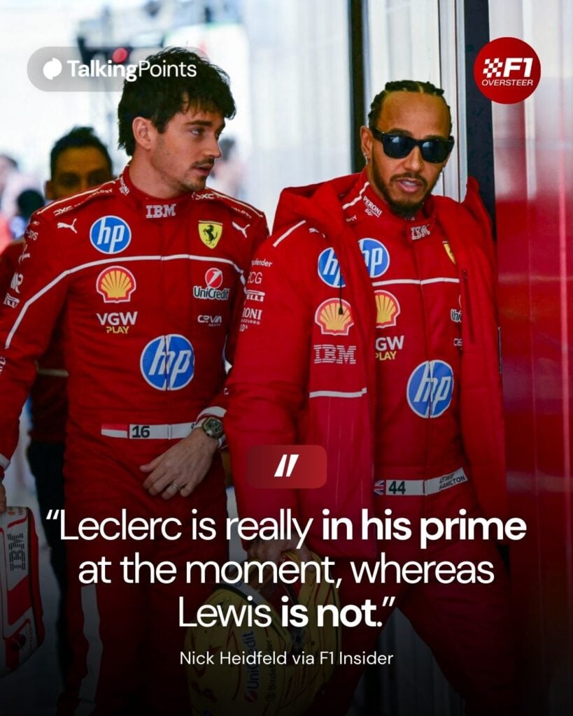 Charles Leclerc and Lewis Hamilton entering the Ferrari garages at F1's 2026 ore-season test in Bahrain.